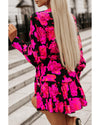 Rose Floral Print V Neck Wrap Bishop Sleeve Ruffle Tiered Mini Dress - M