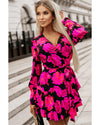 Rose Floral Print V Neck Wrap Bishop Sleeve Ruffle Tiered Mini Dress - M