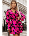 Rose Floral Print V Neck Wrap Bishop Sleeve Ruffle Tiered Mini Dress - M