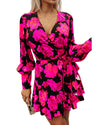 Rose Floral Print V Neck Wrap Bishop Sleeve Ruffle Tiered Mini Dress - M