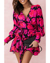 Rose Floral Print V Neck Wrap Bishop Sleeve Ruffle Tiered Mini Dress - M