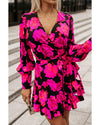 Rose Floral Print V Neck Wrap Bishop Sleeve Ruffle Tiered Mini Dress - M