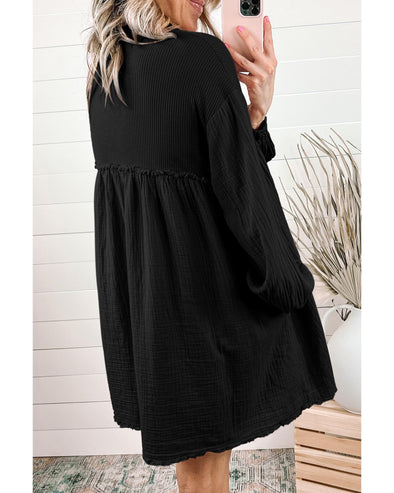 Azura Exchange Black Patchwork Crinkle Puff Sleeve Shirt Dress - L