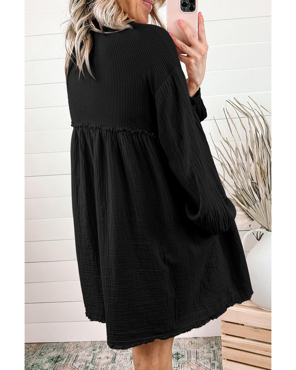 Azura Exchange Black Patchwork Crinkle Puff Sleeve Shirt Dress - M
