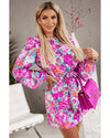 Azura Exchange Purple Floral Keyhole Back Long Sleeve Belted Dress - M