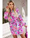 Azura Exchange Purple Floral Keyhole Back Long Sleeve Belted Dress - M