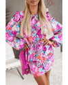 Azura Exchange Purple Floral Keyhole Back Long Sleeve Belted Dress - M
