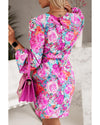 Azura Exchange Purple Floral Keyhole Back Long Sleeve Belted Dress - M