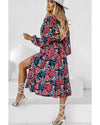 Azura Exchange Red V Neck Elastic High Waist Split Floral Dress - M
