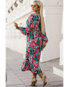 Azura Exchange Red V Neck Elastic High Waist Split Floral Dress - M