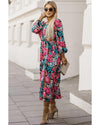 Azura Exchange Red V Neck Elastic High Waist Split Floral Dress - M