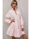 Pink Frilled Stand Collar Long Sleeve Ruffle Dress - L