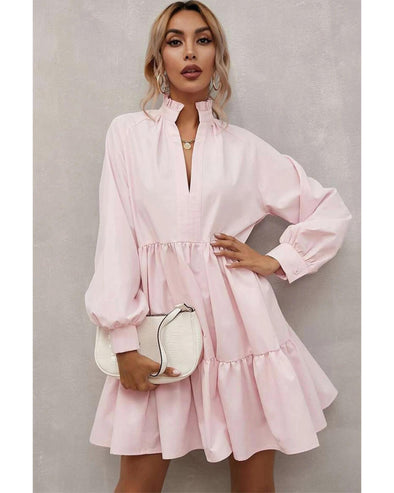 Pink Frilled Stand Collar Long Sleeve Ruffle Dress - XL