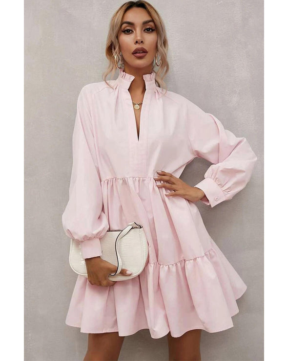 Pink Frilled Stand Collar Long Sleeve Ruffle Dress - XL