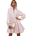Pink Frilled Stand Collar Long Sleeve Ruffle Dress - XL