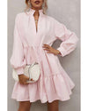 Pink Frilled Stand Collar Long Sleeve Ruffle Dress - XL
