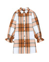 Khaki Plaid Pattern Collared Neck Ruffled Sleeve Shirt Dress - XL