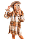 Khaki Plaid Pattern Collared Neck Ruffled Sleeve Shirt Dress - XL