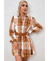 Khaki Plaid Pattern Collared Neck Ruffled Sleeve Shirt Dress - XL