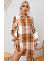 Khaki Plaid Pattern Collared Neck Ruffled Sleeve Shirt Dress - XL