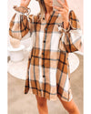 Khaki Plaid Pattern Collared Neck Ruffled Sleeve Shirt Dress - XL
