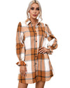 Khaki Plaid Pattern Collared Neck Ruffled Sleeve Shirt Dress - XL