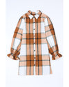 Khaki Plaid Pattern Collared Neck Ruffled Sleeve Shirt Dress - XL