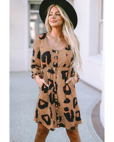 Leopard Print Button Front Bubble Sleeve Loose Knit Dress - L