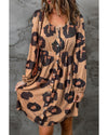 Leopard Print Button Front Bubble Sleeve Loose Knit Dress - M