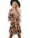 Leopard Print Button Front Bubble Sleeve Loose Knit Dress - XL