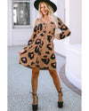 Leopard Print Button Front Bubble Sleeve Loose Knit Dress - XL