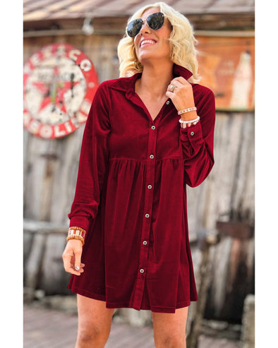 Red Long Sleeve Ruffle Velvet Button Up Dress - XL