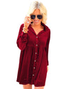 Red Long Sleeve Ruffle Velvet Button Up Dress - XL