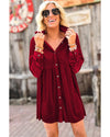 Red Long Sleeve Ruffle Velvet Button Up Dress - XL