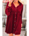 Red Long Sleeve Ruffle Velvet Button Up Dress - XL
