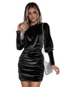 Black Velvet Puff Sleeve Ruched Bodycon Dress - XL