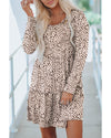 Leopard Animal Print Tiered Long Sleeve Dress - L