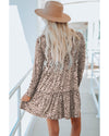 Leopard Animal Print Tiered Long Sleeve Dress - L