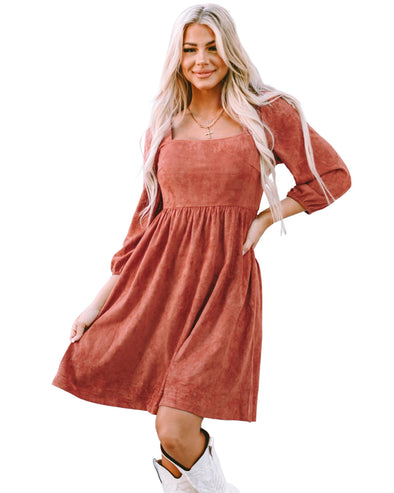 Brown Suede Square Neck Puff Sleeve Dress - XL