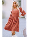 Brown Suede Square Neck Puff Sleeve Dress - XL