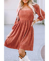 Brown Suede Square Neck Puff Sleeve Dress - XL