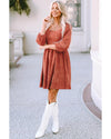 Brown Suede Square Neck Puff Sleeve Dress - XL