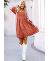 Brown Suede Square Neck Puff Sleeve Dress - XL