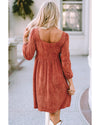 Brown Suede Square Neck Puff Sleeve Dress - XL