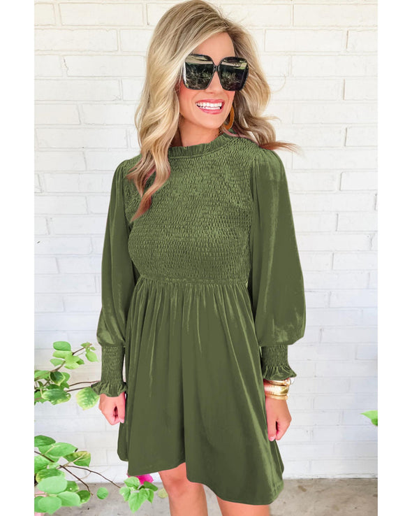 Moss Green Frilled Neck Smocked Bodice Velvet Dress - XL