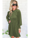 Moss Green Frilled Neck Smocked Bodice Velvet Dress - XL