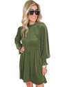 Moss Green Frilled Neck Smocked Bodice Velvet Dress - XL