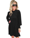 Black Frilled Neck Smocked Bodice Velvet Dress - L