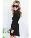 Black Frilled Neck Smocked Bodice Velvet Dress - L