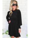 Black Frilled Neck Smocked Bodice Velvet Dress - M